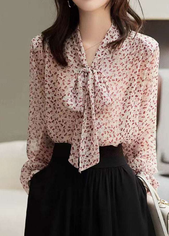 Elegant Red Bow Print Silk Tops Long Sleeve WW014