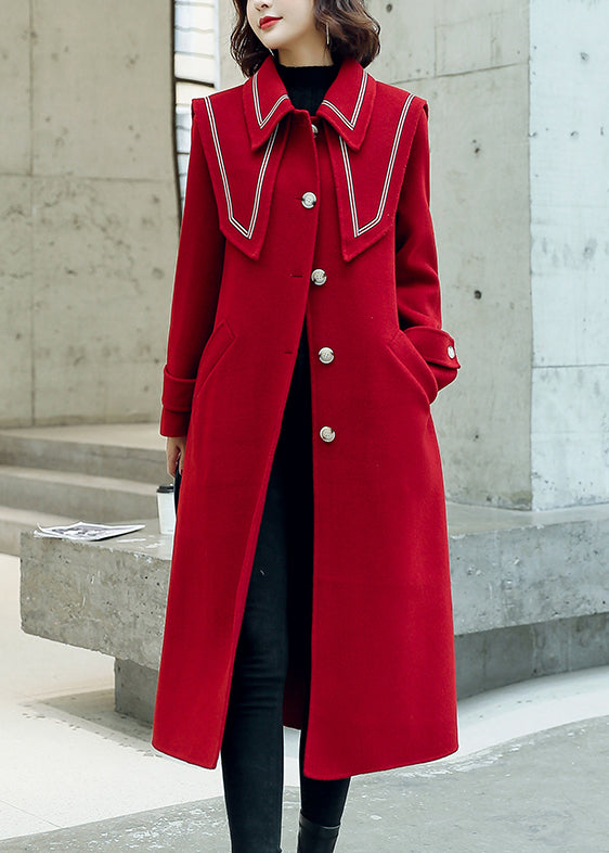 Manteau en laine rouge élégant avec poches à boutons et ceinture nouée pour l'hiver ER030