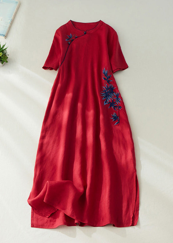 Elegant Red Embroidered Side Open Long Dress Short Sleeve VV062