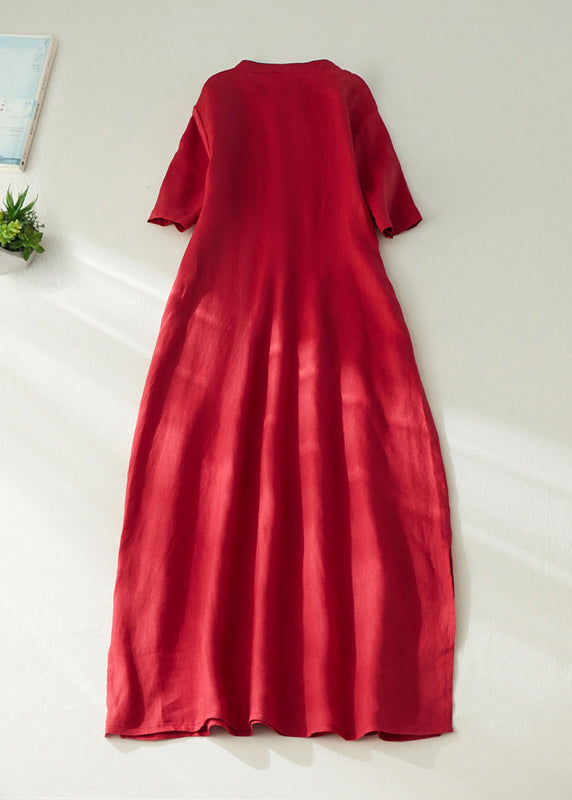 Elegant Red Embroidered Side Open Long Dress Short Sleeve VV062