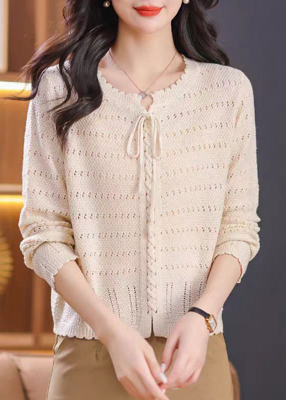 Elegant Red O Neck Hollow Out Lace Up Knit Shirt Top Fall QO056