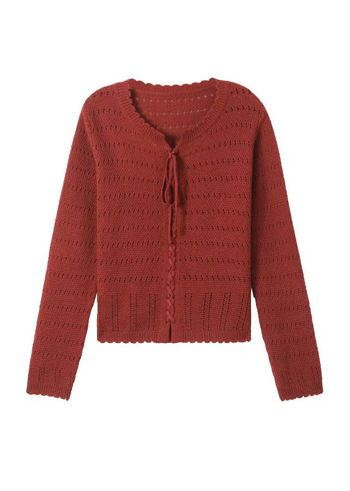 Elegant Red O Neck Hollow Out Lace Up Knit Shirt Top Fall QO056