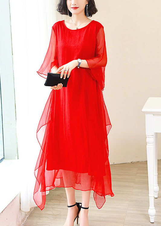 Elegant Red O-Neck Solid Ice Silk Long Dress Flare Sleeve OP1009