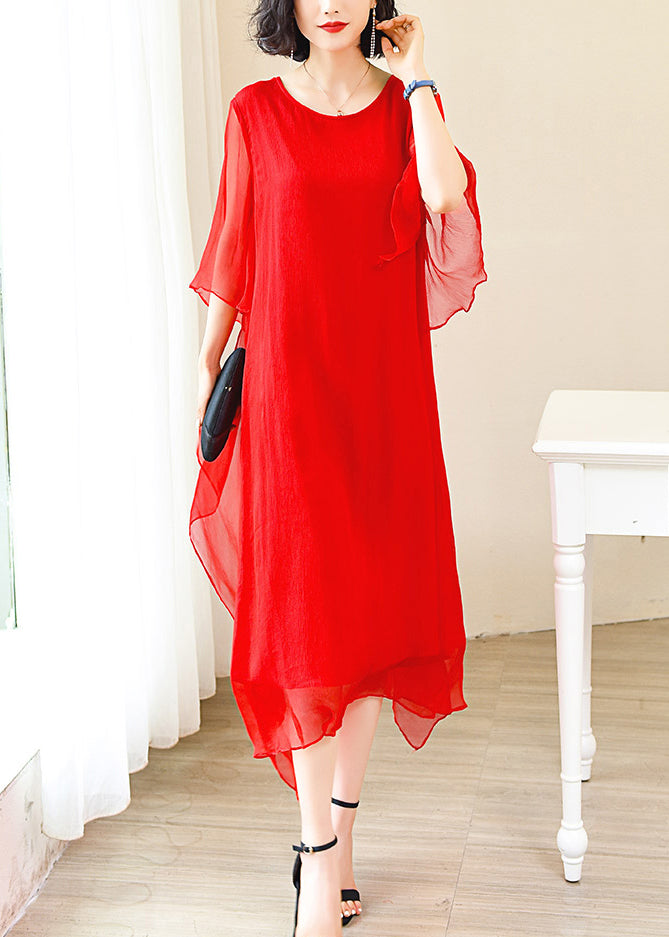 Elegant Red O-Neck Solid Ice Silk Long Dress Flare Sleeve OP1009