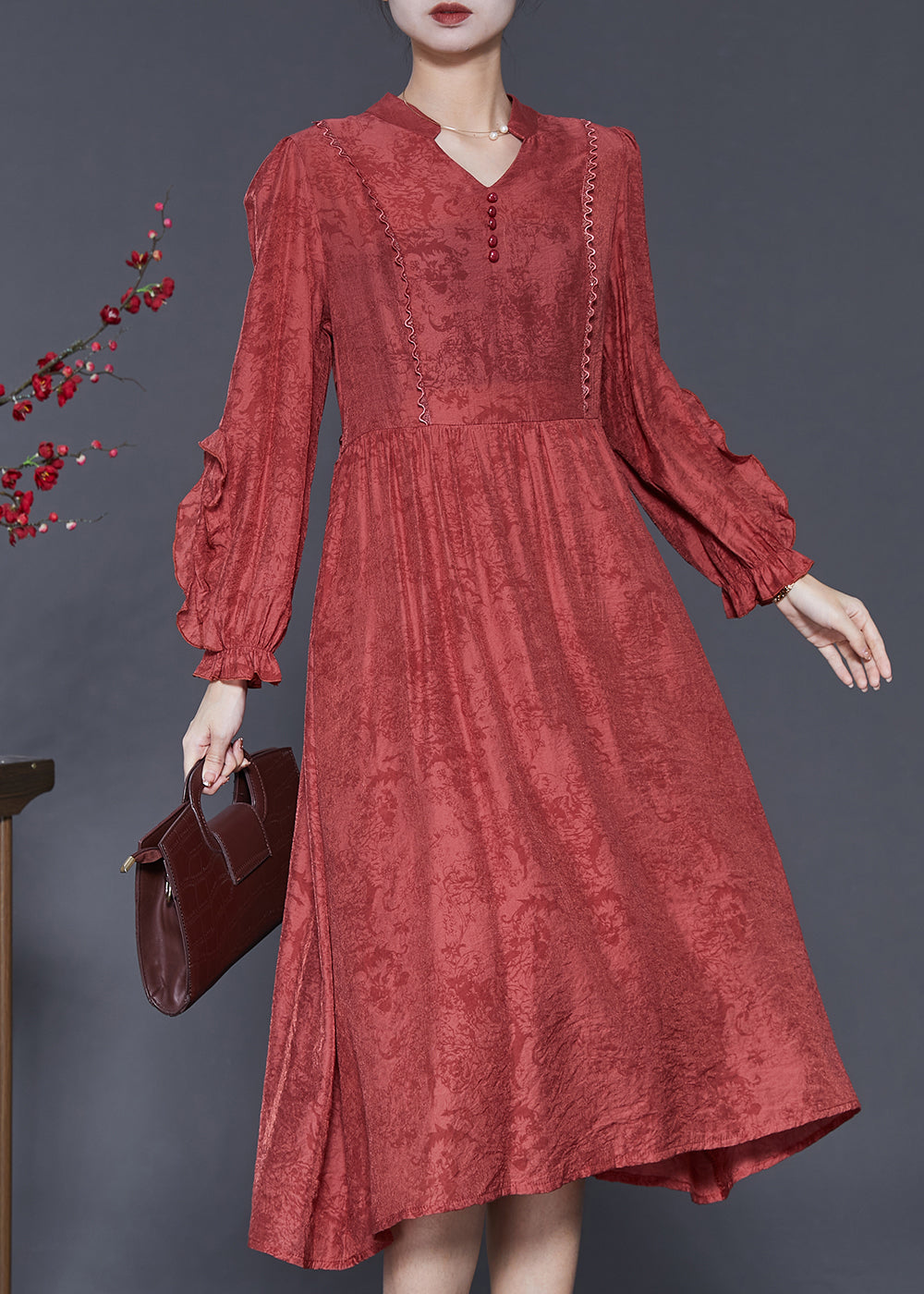 Elegant Red Ruffled Jacquard Cotton Robe Dresses Spring SD1032