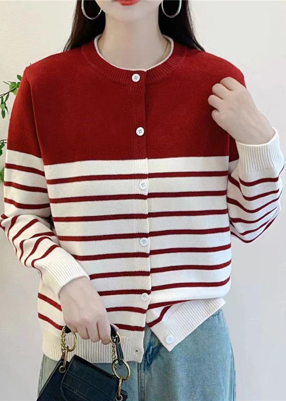 Elegant Red Striped Button Knit Cardigan Fall QG005