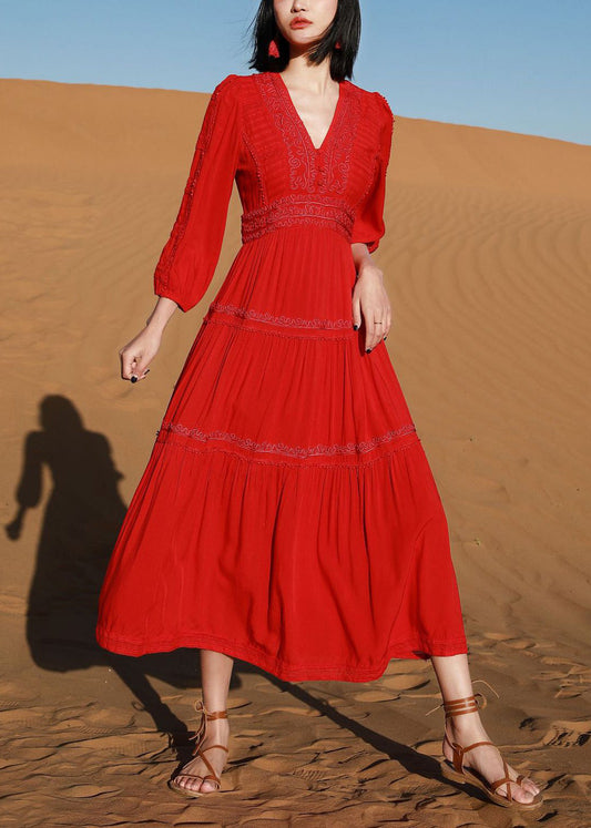 Rote elegante V-Baumwollkleider mit festem Hals und langem besticktem Armband