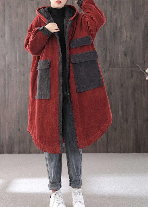 Elegant Red hooded Pockets Button Winter Coat Long sleeve QS046