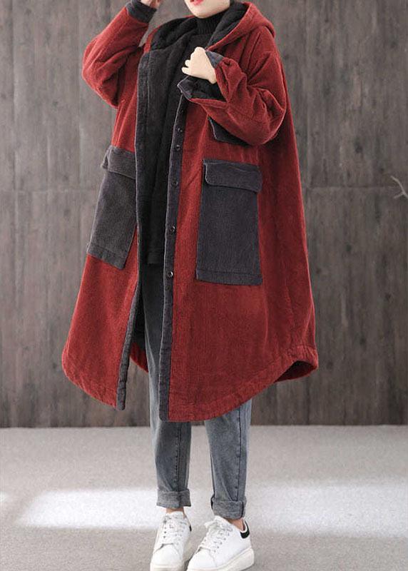 Elegant Red hooded Pockets Button Winter Coat Long sleeve QS046