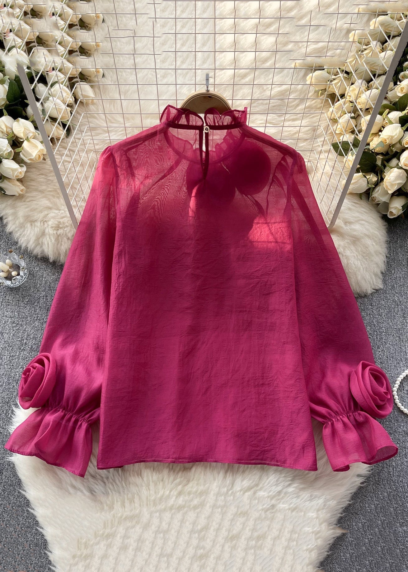 Elegantes, langärmliges Chiffon-Top mit Rüschen in Rose TR043