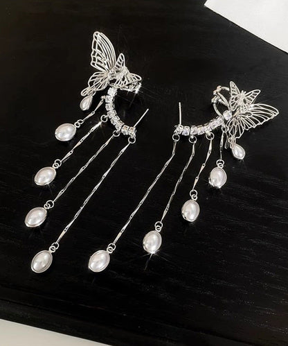 Boucles d'oreilles pendantes élégantes en soie, cuivre, zircon, perles, papillon, pompon, QJ047