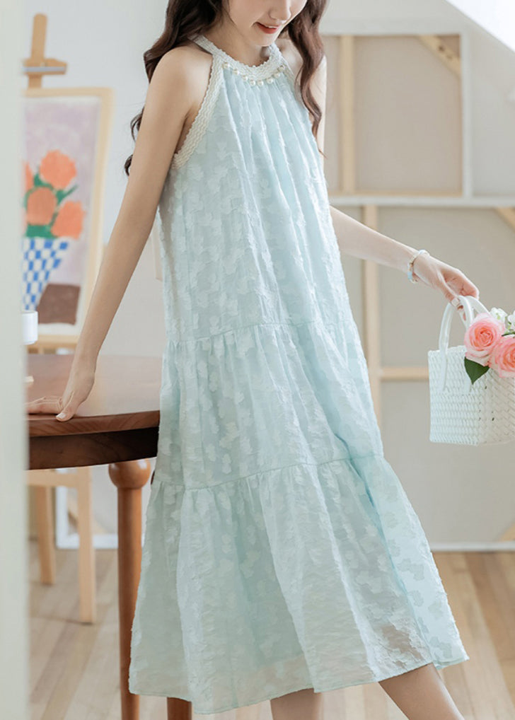 Elegant Sky Blue Pearl Bow Cotton Dresses Sleeveless XX043