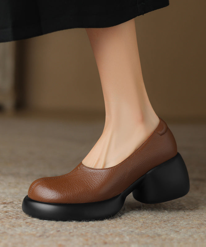 Elegant Splicing Chunky Loafers For Women Brown Sheepskin QK049