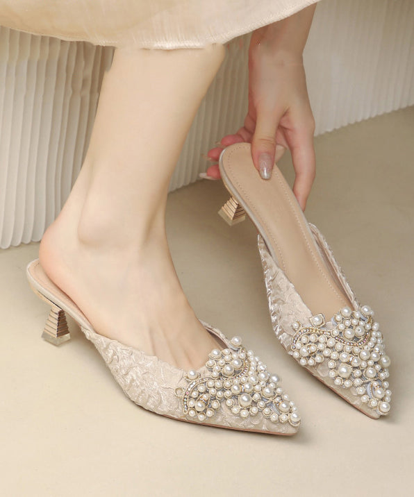 Elegant Pointed Slide Heel Bead Blue Splicing Sandals Nail High