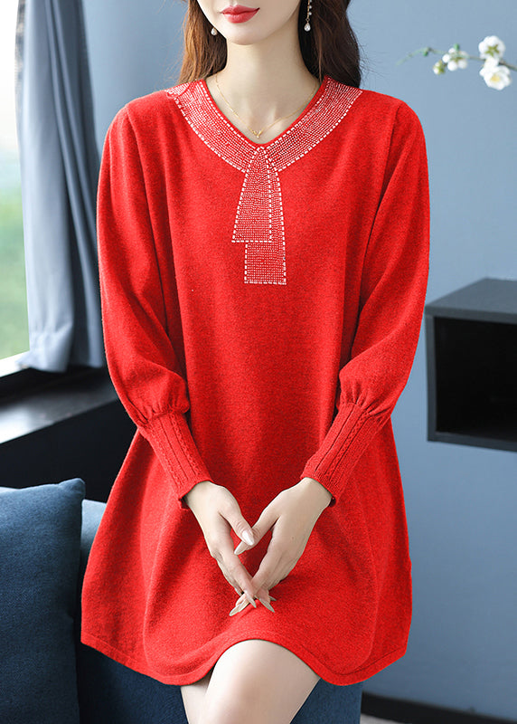 Elegantes Teegrünes V-Ausschnitt Zirkon Wollpullover Kleid Winter RL017
