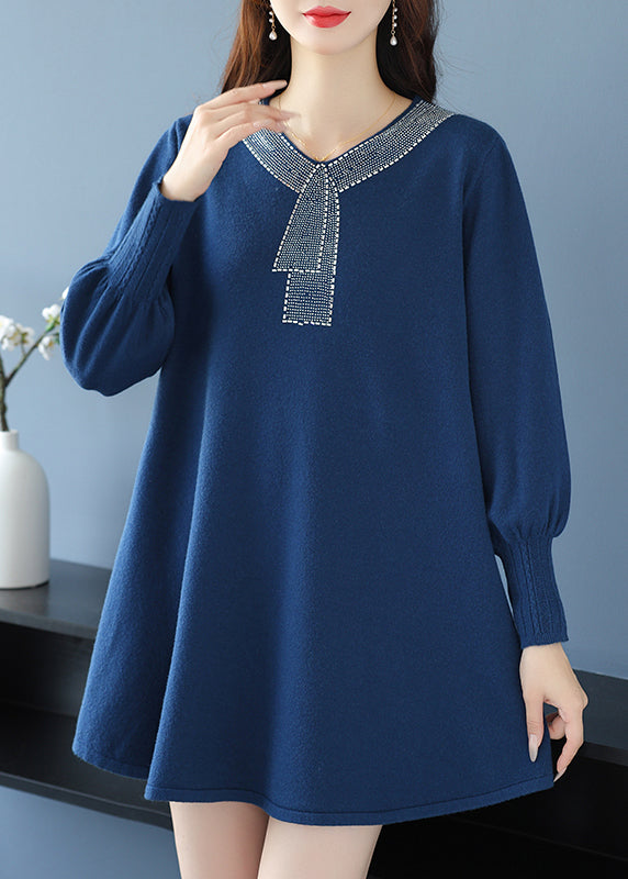 Elegantes Teegrünes V-Ausschnitt Zirkon Wollpullover Kleid Winter RL017