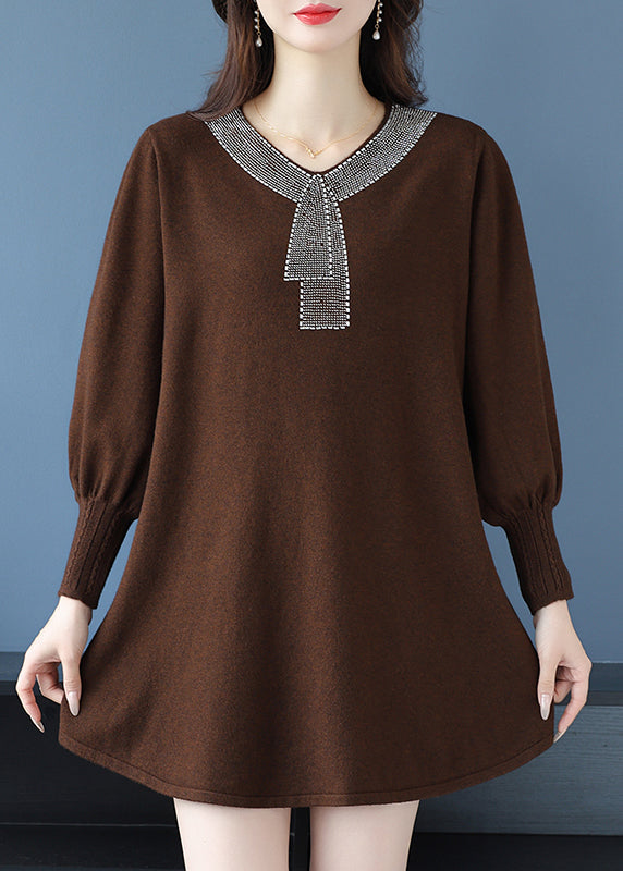 Elegantes Teegrünes V-Ausschnitt Zirkon Wollpullover Kleid Winter RL017