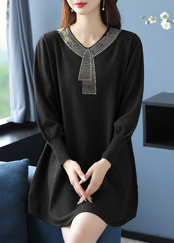 Elegantes Teegrünes V-Ausschnitt Zirkon Wollpullover Kleid Winter RL017
