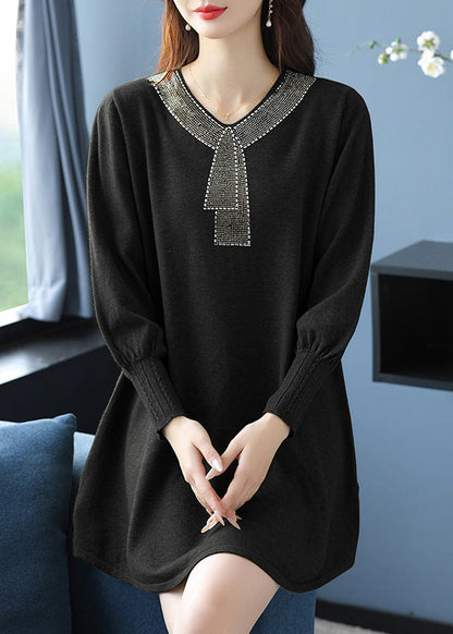 Elegantes Teegrünes V-Ausschnitt Zirkon Wollpullover Kleid Winter RL017