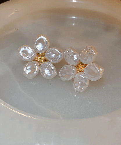 Elegant Earrings Floral White Wrinkled Stud Pearl Alloy