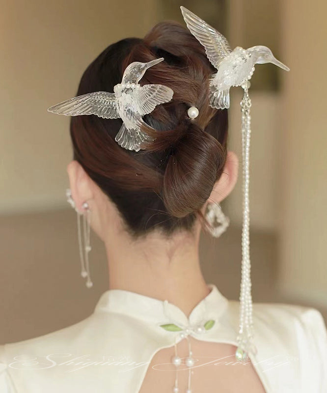 Elegant White Alloy Pearl Resin Magpie Tassel Hairpin QD035