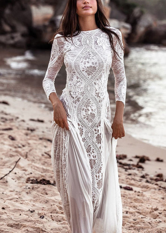 Spitze Weiße Kleider Frühling Rückenfrei Elegant Maxi Out Hollow
