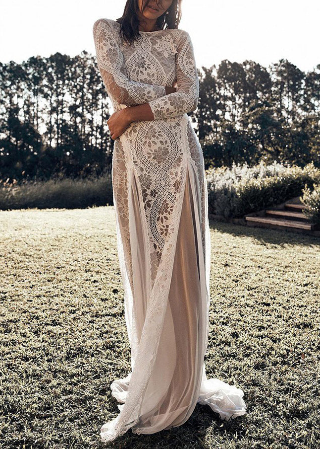 Spitze Weiße Kleider Frühling Rückenfrei Elegant Maxi Out Hollow