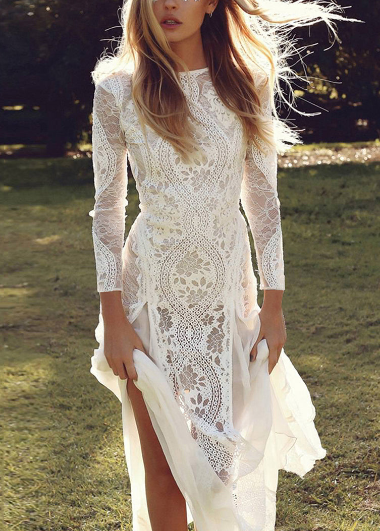 Spitze Weiße Kleider Frühling Rückenfrei Elegant Maxi Out Hollow