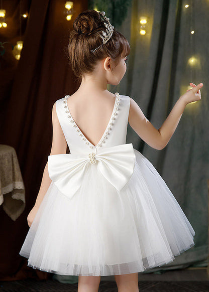 Robe de princesse élégante en tulle blanc à dos nu et perles pour filles, sans manches, TT028