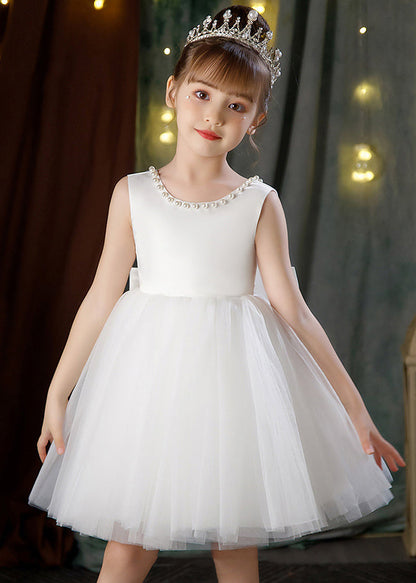 Robe de princesse élégante en tulle blanc à dos nu et perles pour filles, sans manches, TT028