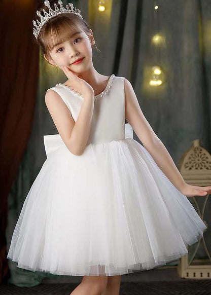 Robe de princesse élégante en tulle blanc à dos nu et perles pour filles, sans manches, TT028