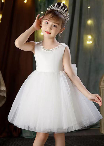 Robe de princesse élégante en tulle blanc à dos nu et perles pour filles, sans manches, TT028