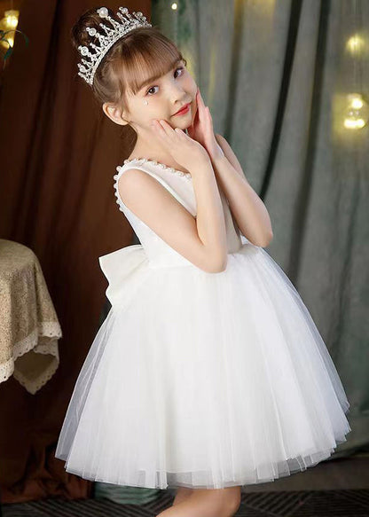 Robe de princesse élégante en tulle blanc à dos nu et perles pour filles, sans manches, TT028