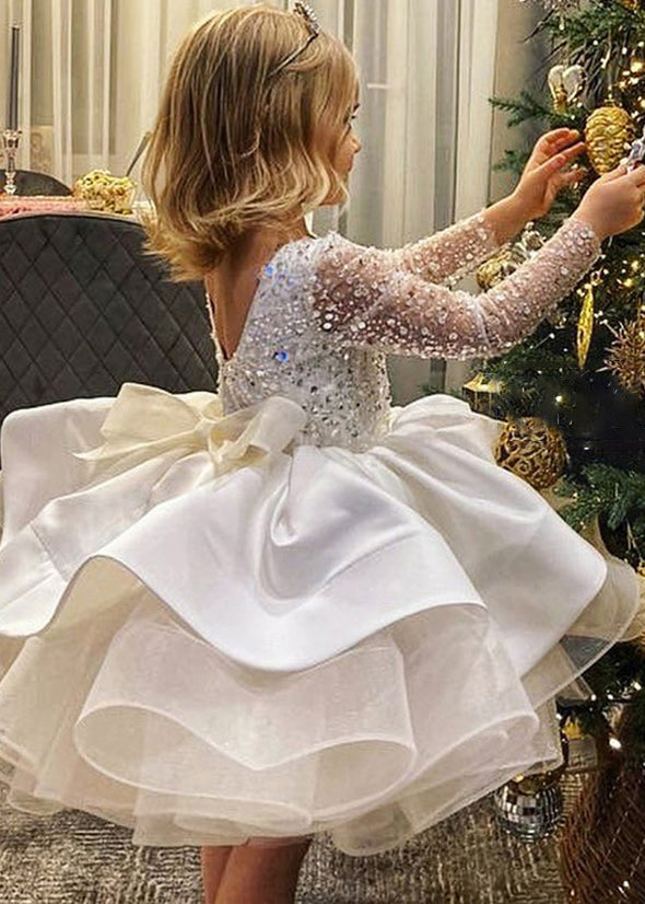 Robe mi-longue blanche élégante à dos nu et paillettes en tulle pour enfant, collection automne RP040