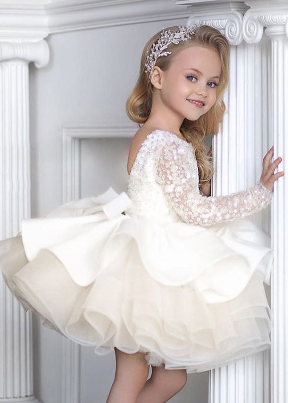 Robe mi-longue blanche élégante à dos nu et paillettes en tulle pour enfant, collection automne RP040