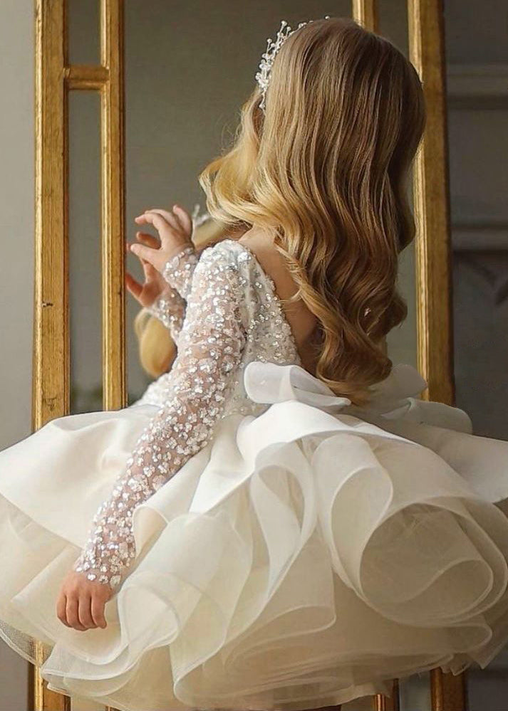 Robe mi-longue blanche élégante à dos nu et paillettes en tulle pour enfant, collection automne RP040