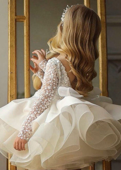 Robe mi-longue blanche élégante à dos nu et paillettes en tulle pour enfant, collection automne RP040