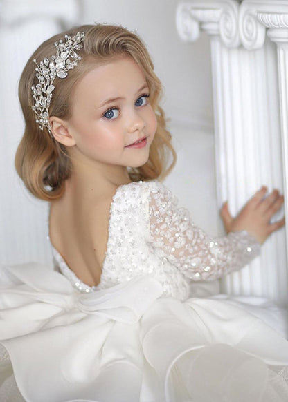 Robe mi-longue blanche élégante à dos nu et paillettes en tulle pour enfant, collection automne RP040