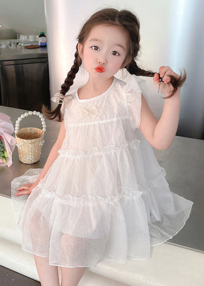 Robe mi-longue élégante en tulle blanc avec nœud pour enfants, coupe trapèze, été GF006