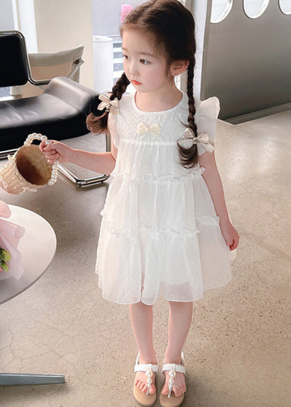 Robe mi-longue élégante en tulle blanc avec nœud pour enfants, coupe trapèze, été GF006