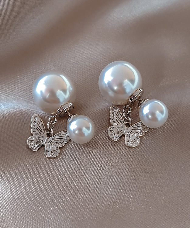 Elegant White Copper Butterfly Pearl Stud Earrings ZZ050