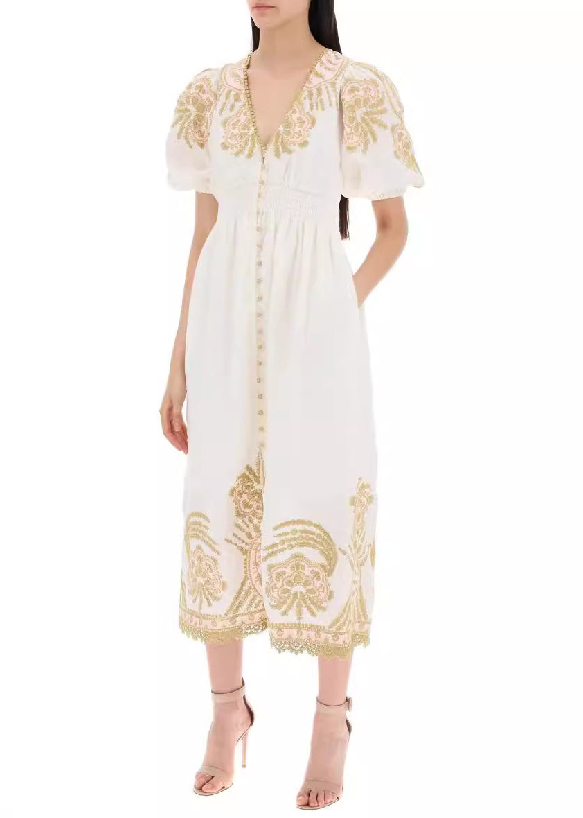 Elegant White Embroidered Button Cotton Long Dresses Summer AU1028