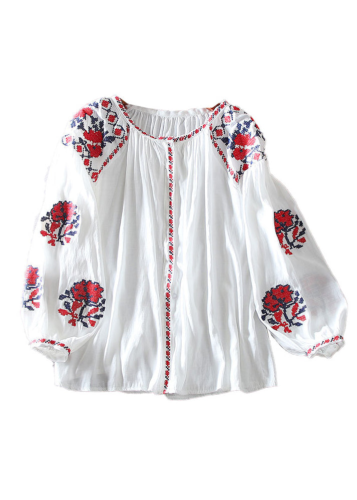 Chemise blanche élégante à fleurs brodées à manches lanternes VV026