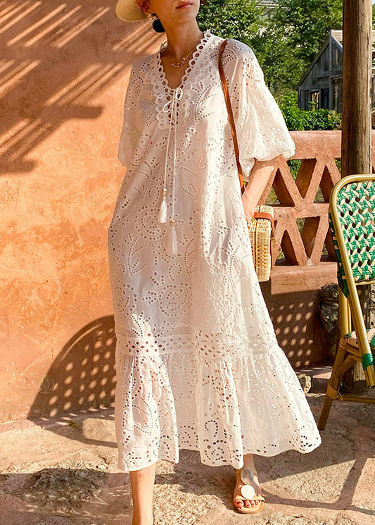Kleid Lang Elegant Bestickt Baumwolle Ausgehöhlte Taschen Weiß