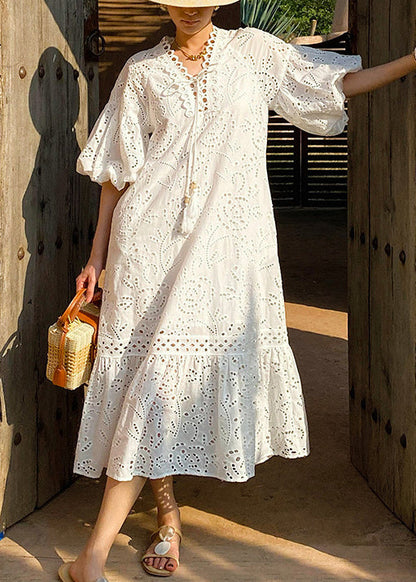 Kleid Lang Elegant Bestickt Baumwolle Ausgehöhlte Taschen Weiß