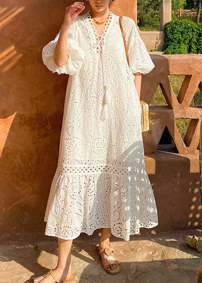 Kleid Lang Elegant Bestickt Baumwolle Ausgehöhlte Taschen Weiß