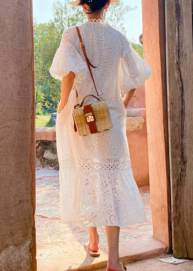 Kleid Lang Elegant Bestickt Baumwolle Ausgehöhlte Taschen Weiß