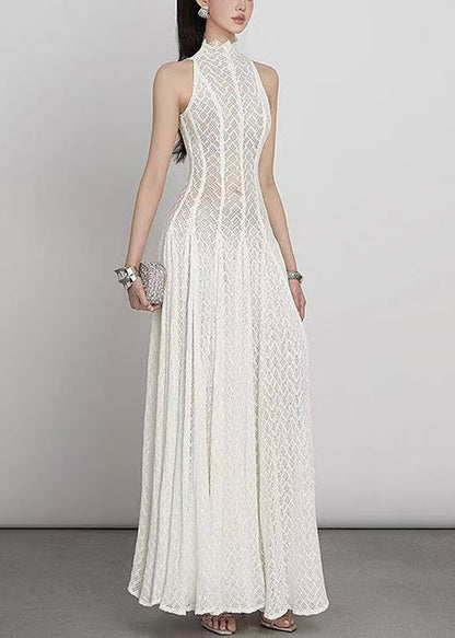 Spitze Hohl-Out Kleid Weiß Elegant Ärmellos Solide Maxi