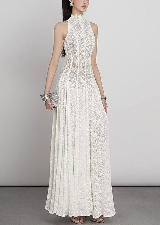 Spitze Hohl-Out Kleid Weiß Elegant Ärmellos Solide Maxi