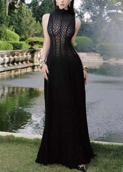 Spitze Hohl-Out Kleid Weiß Elegant Ärmellos Solide Maxi